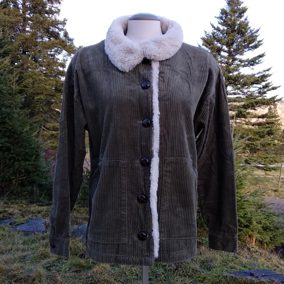 White Crow | Size Small 70's Inspired 100% Cotton Olive Corduroy Sherpa Jacket - Picture 3 of 10
